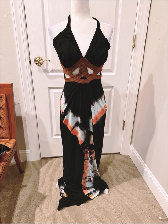 Sky Dresses & Skirts - NWT Sky Navy Halter Maxi Dress with Tie-Dye Accents and Suede Cut Outs